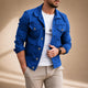 Men's jean-style jacket with shirt collar, button front and utility pockets