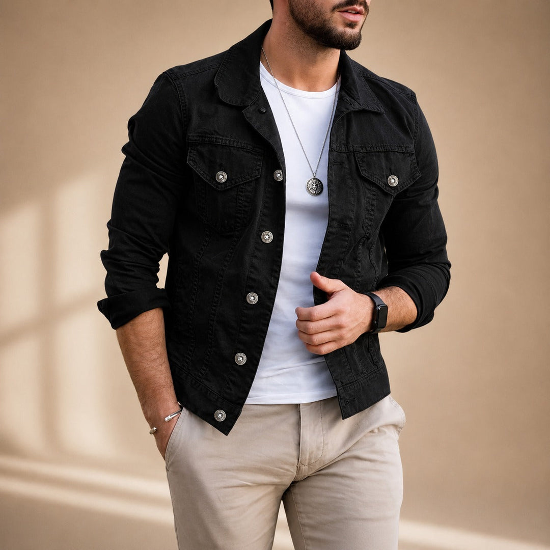Men's jean-style jacket with shirt collar, button front and utility pockets