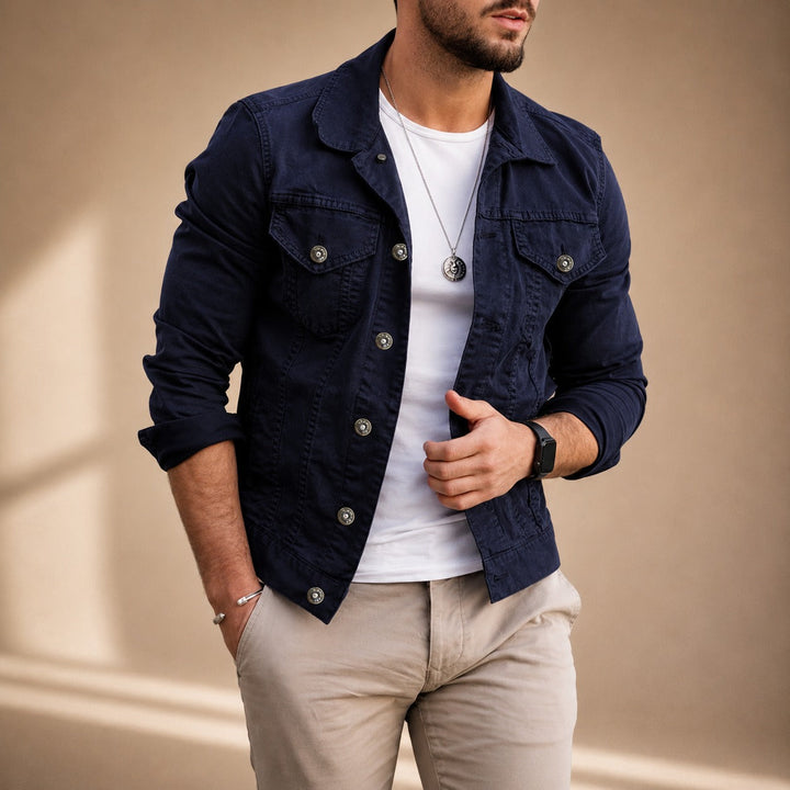 Men's jean-style jacket with shirt collar, button front and utility pockets