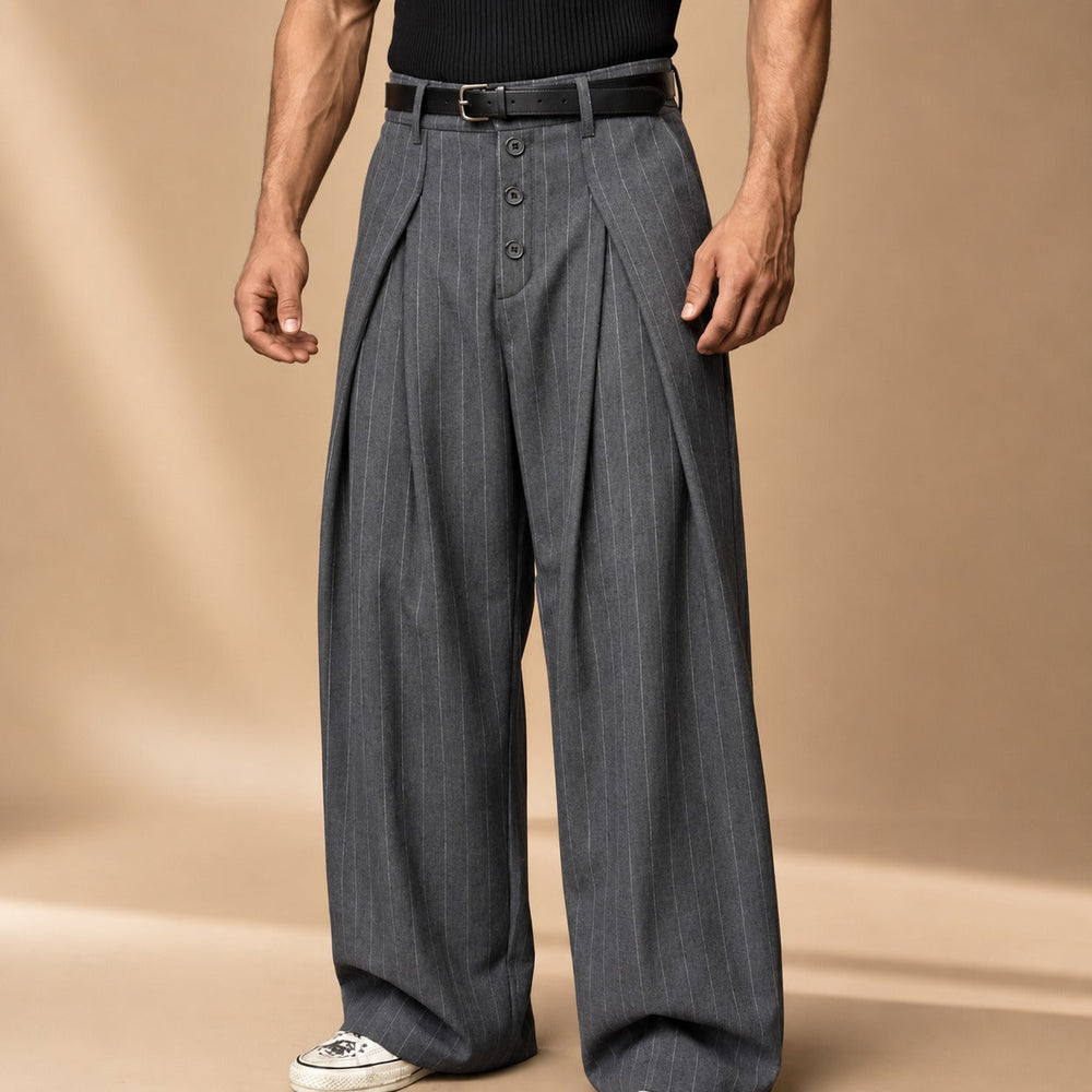 Men's wide-leg pinstripe trousers with pleated front and button fastening
