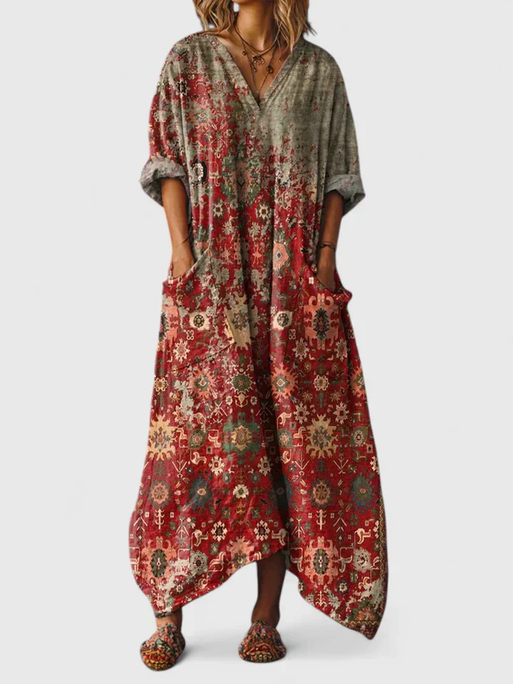 Women's boho floral print maxi dress with V-neckline, three-quarter sleeves and front pockets