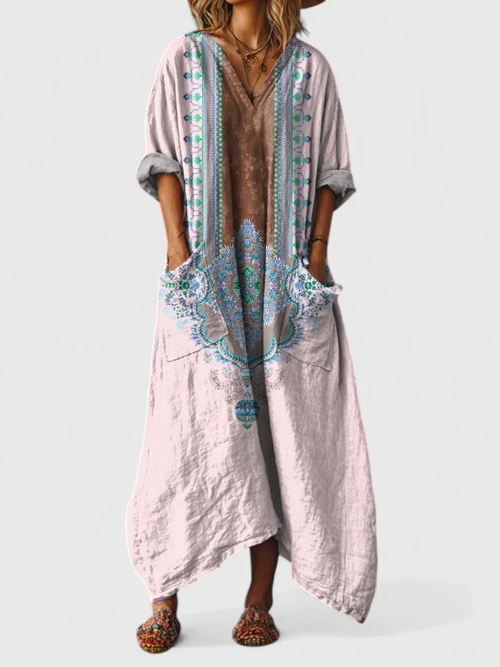 Women's boho floral print maxi dress with V-neckline, three-quarter sleeves and front pockets