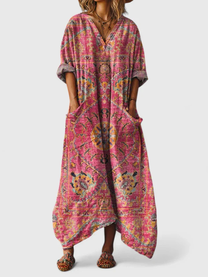 Women's boho floral print maxi dress with V-neckline, three-quarter sleeves and front pockets
