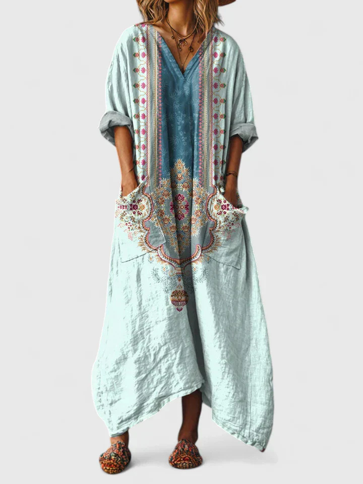 Women's boho floral print maxi dress with V-neckline, three-quarter sleeves and front pockets
