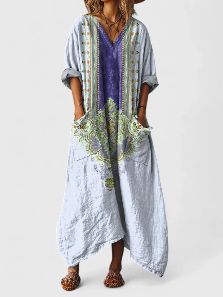 Women's boho floral print maxi dress with V-neckline, three-quarter sleeves and front pockets
