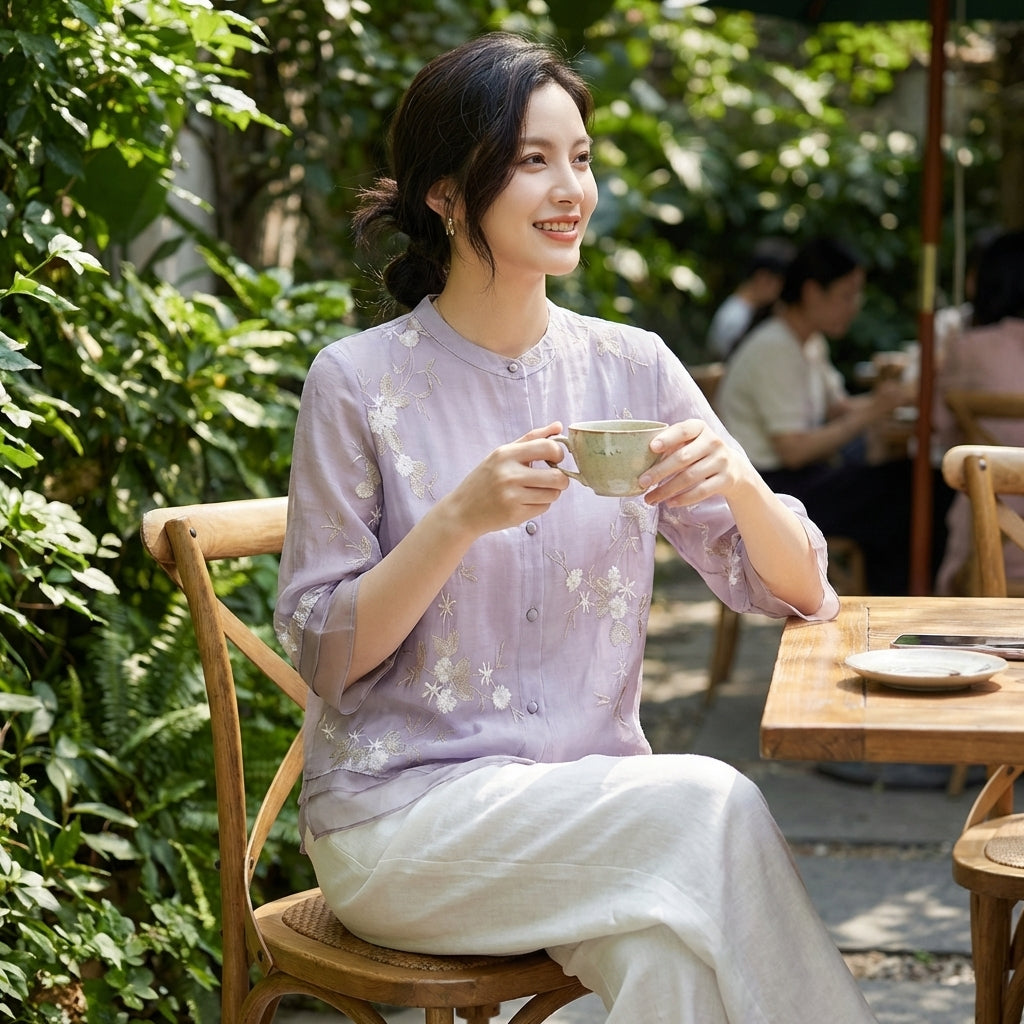 Women's Embroidered Blouse — Mandarin Collar Three-Quarter Sleeve Top