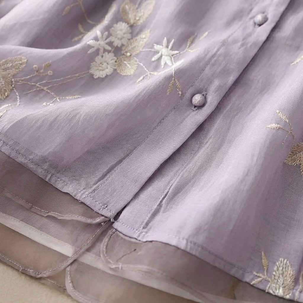 Women's Embroidered Blouse — Mandarin Collar Three-Quarter Sleeve Top