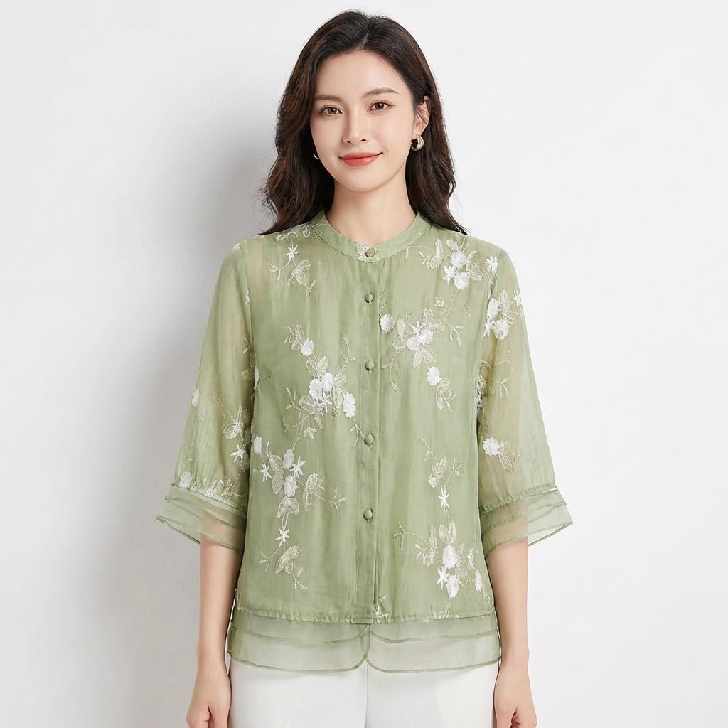 Women's Embroidered Blouse — Mandarin Collar Three-Quarter Sleeve Top