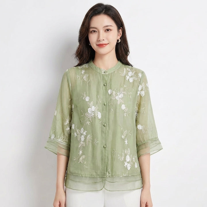 Women's Embroidered Blouse — Mandarin Collar Three-Quarter Sleeve Top