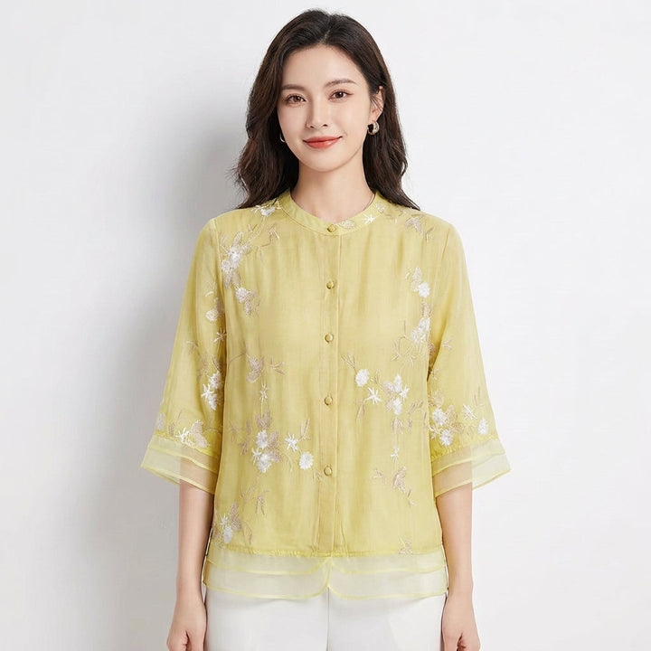 Women's Embroidered Blouse — Mandarin Collar Three-Quarter Sleeve Top