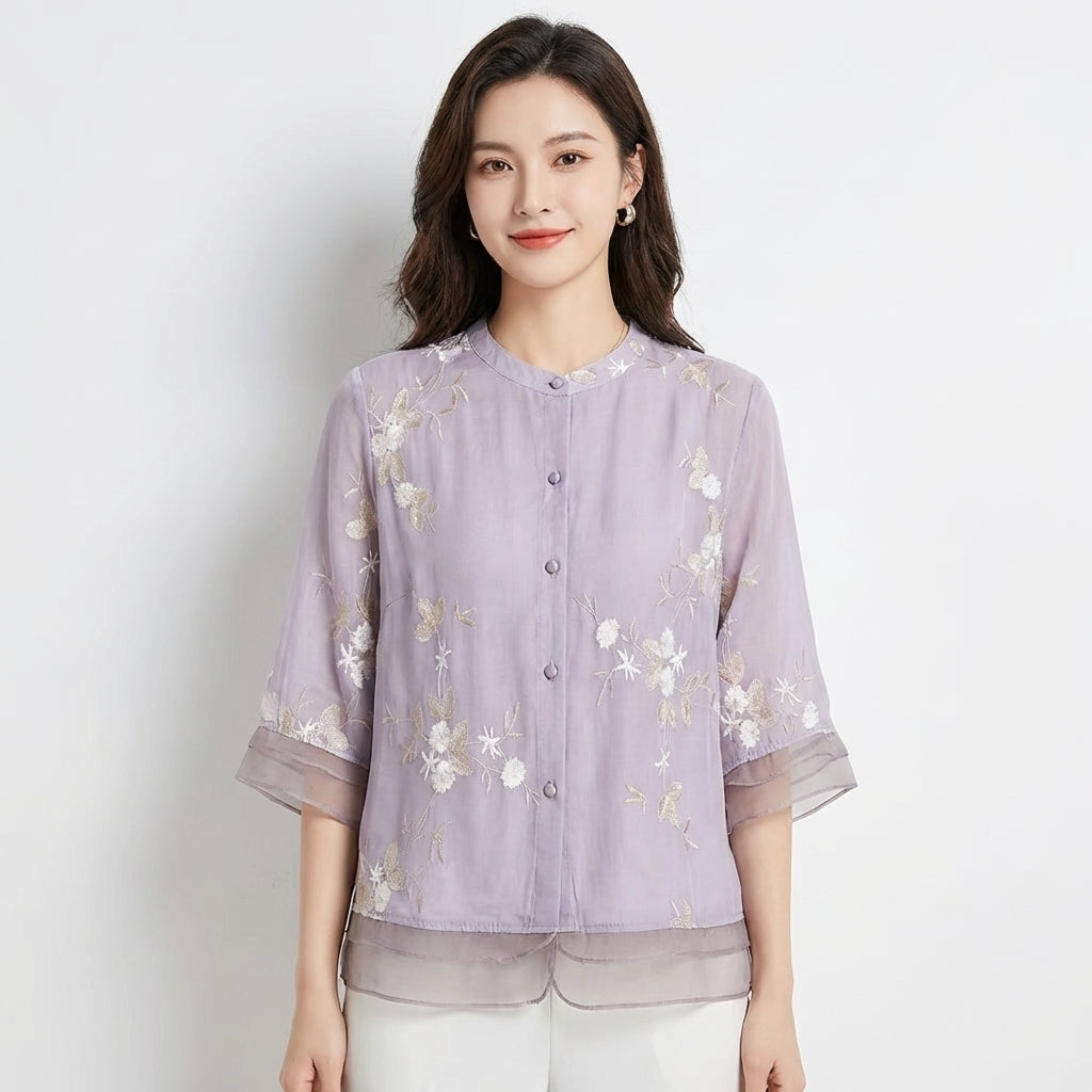 Women's Embroidered Blouse — Mandarin Collar Three-Quarter Sleeve Top