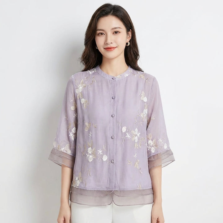 Women's Embroidered Blouse — Mandarin Collar Three-Quarter Sleeve Top