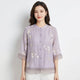 Women's Embroidered Blouse — Mandarin Collar Three-Quarter Sleeve Top
