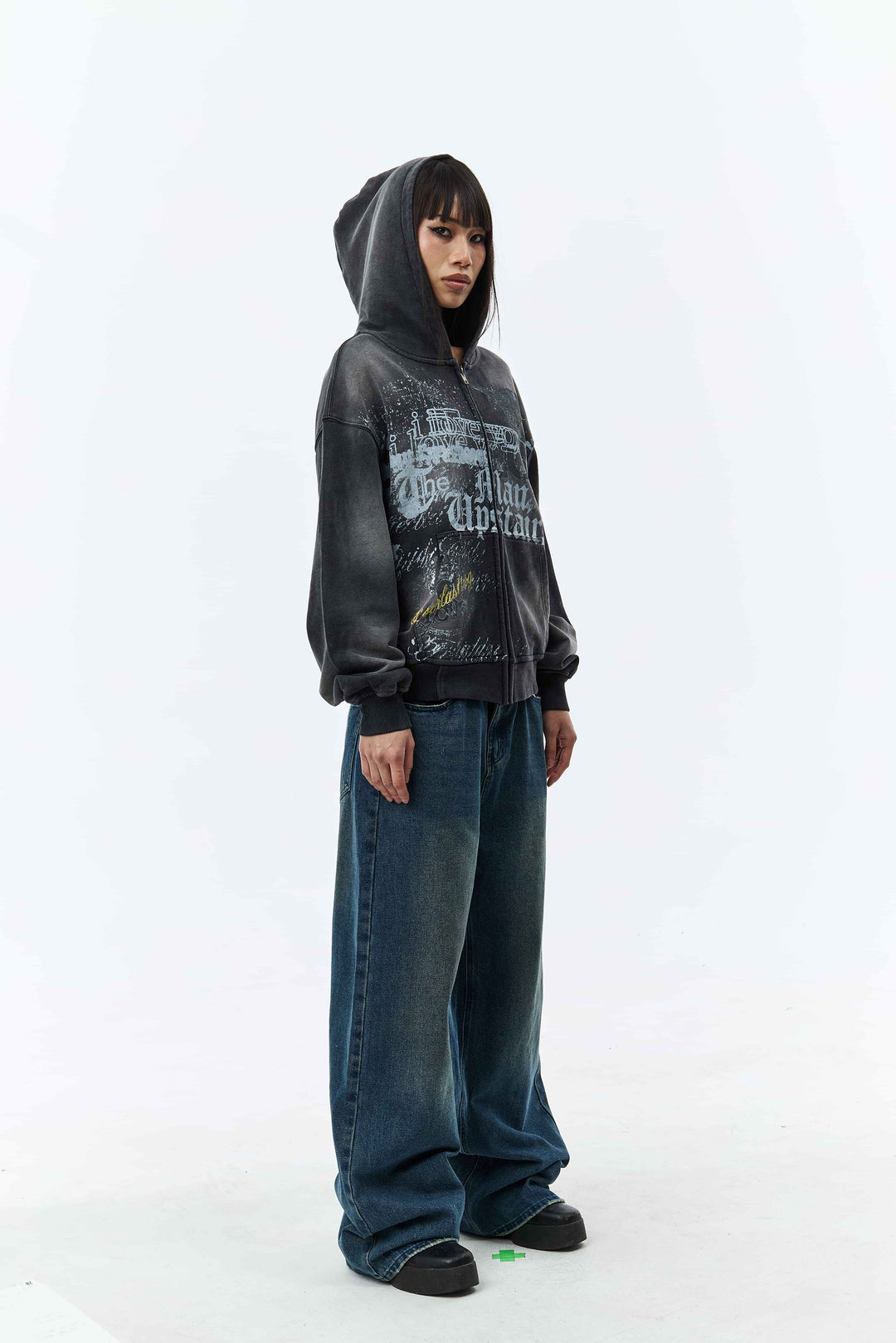 Men's black graphic zip hoodie with hood and front print