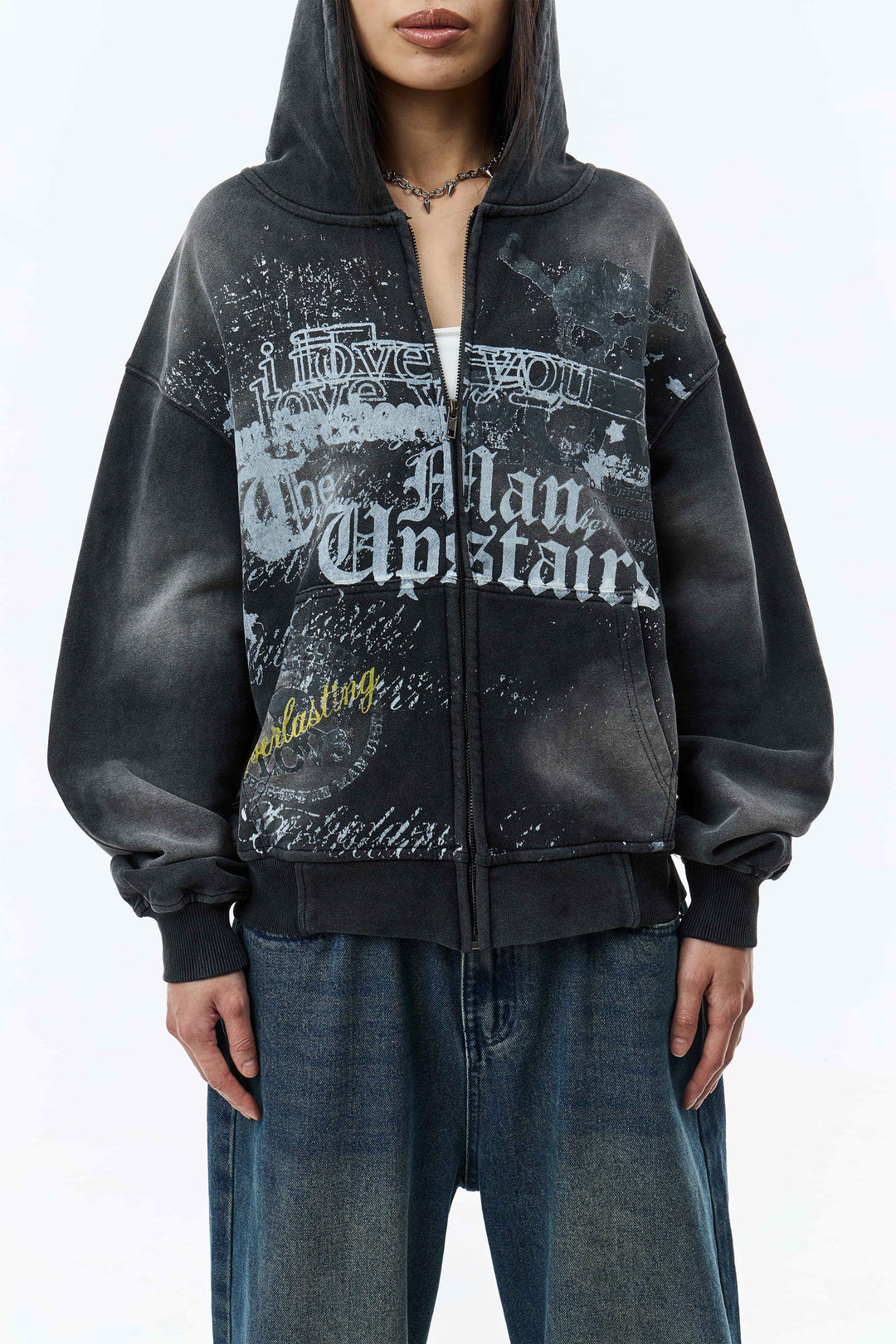 Men's black graphic zip hoodie with hood and front print