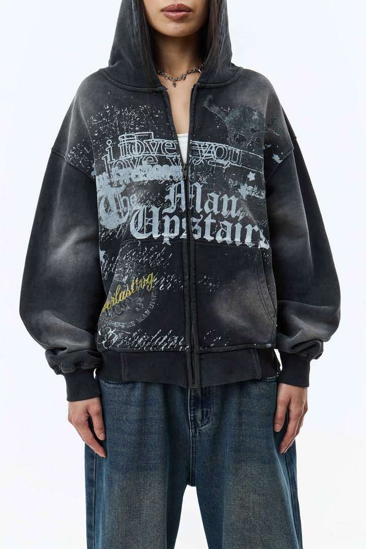 Men's black graphic zip hoodie with hood and front print