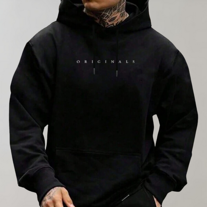 Men's hooded sweatshirt with chest text and kangaroo pocket