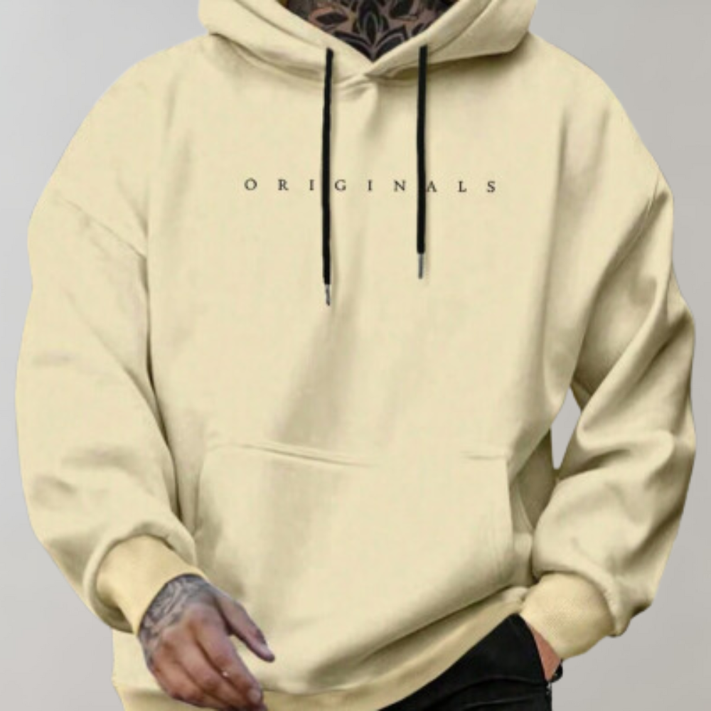 Men's hooded sweatshirt with chest text and kangaroo pocket