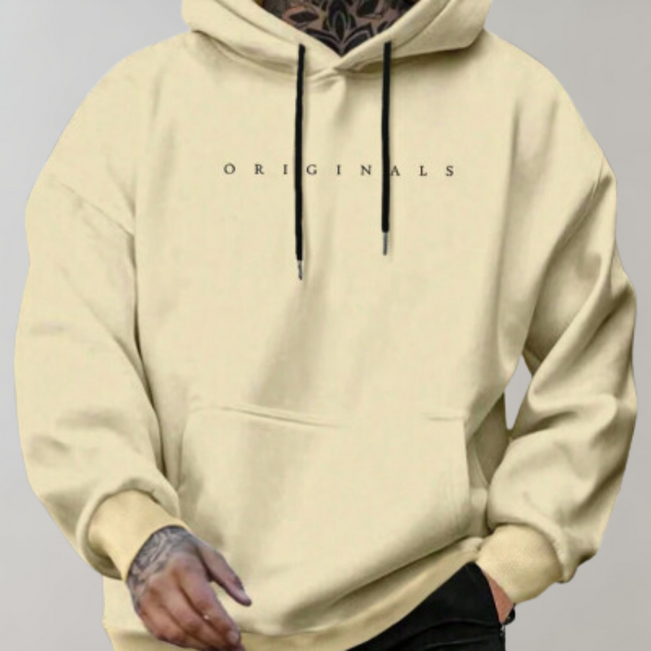 Men's hooded sweatshirt with chest text and kangaroo pocket