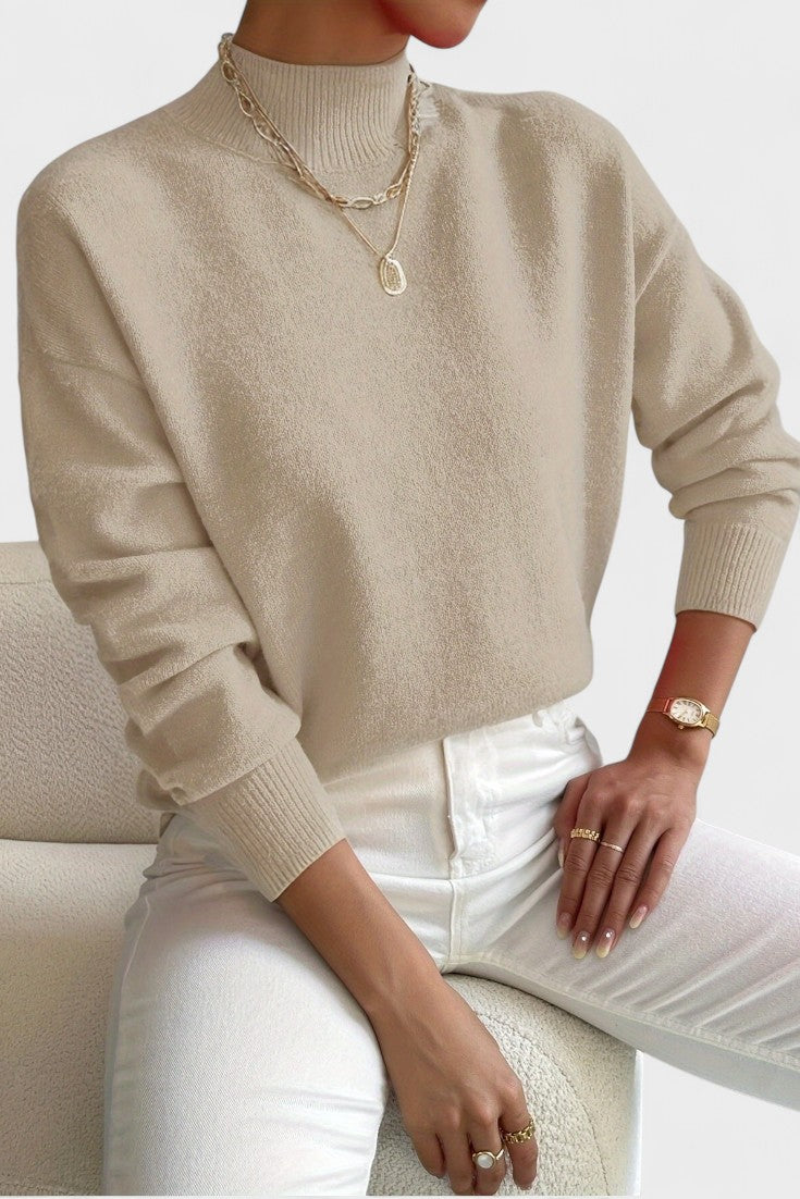 Women's plain high neck jumper with long sleeves and ribbed trims