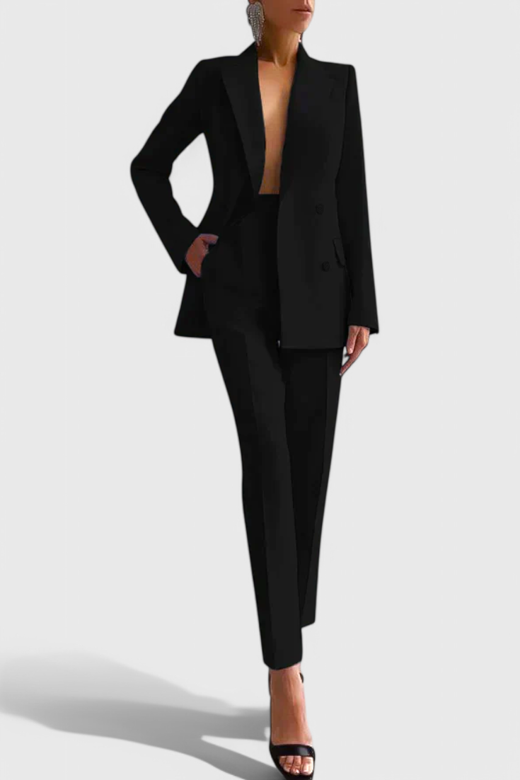 Women's tailored blazer and long trouser suit set with notched lapels