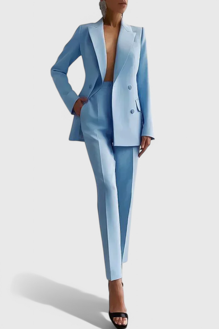 Women's tailored blazer and long trouser suit set with notched lapels