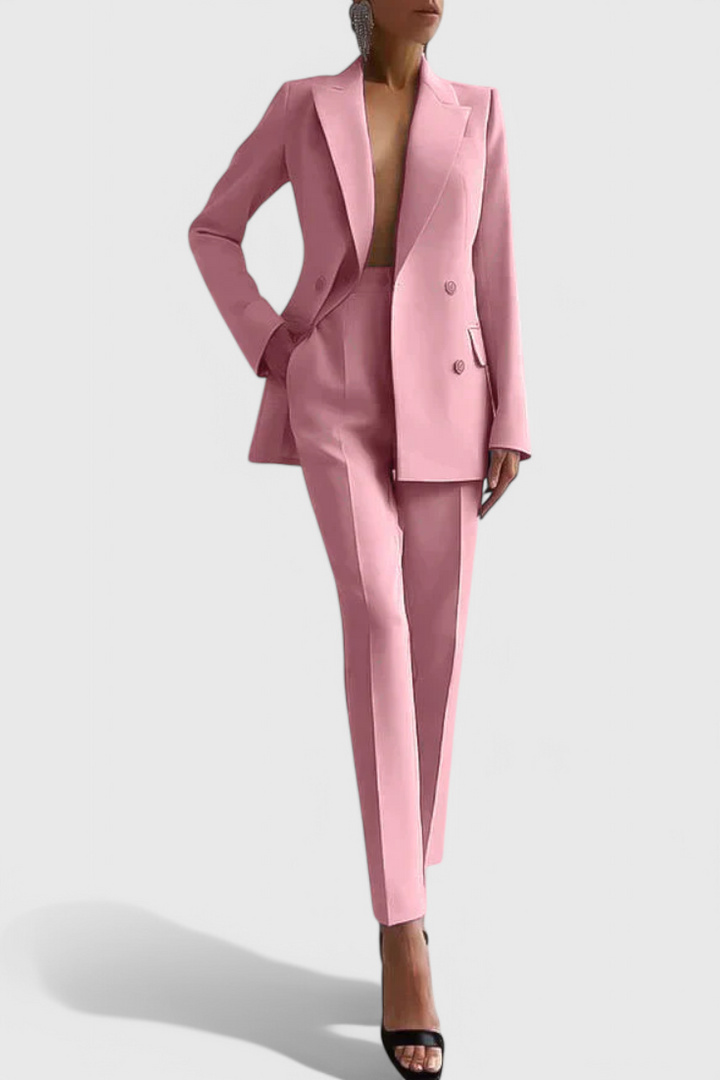 Women's tailored blazer and long trouser suit set with notched lapels