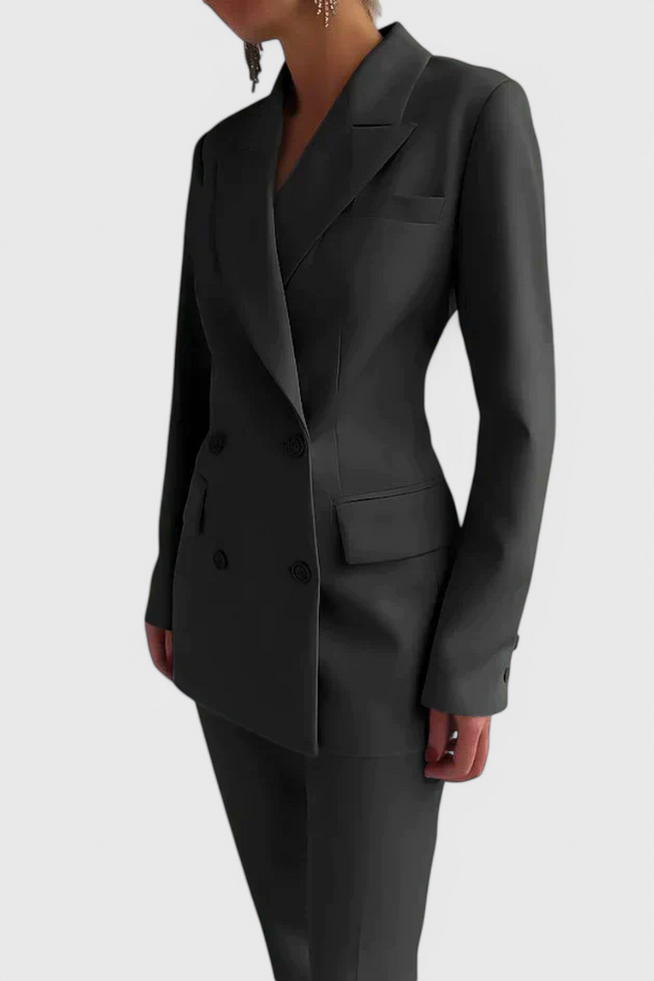 Women's tailored blazer and long trouser suit set with notched lapels