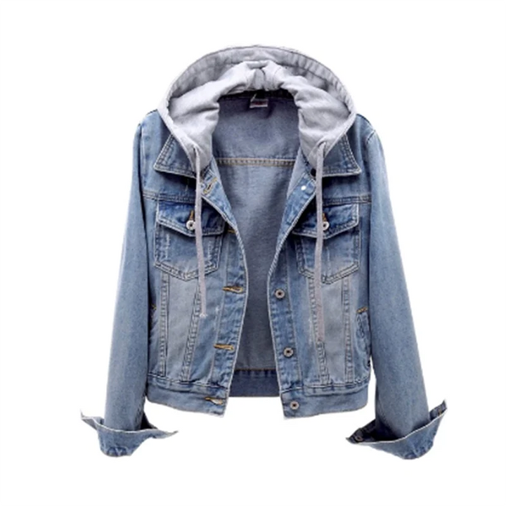 Women's hooded denim jacket with button front and chest pockets