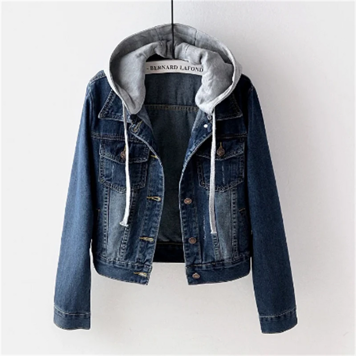 Women's hooded denim jacket with button front and chest pockets