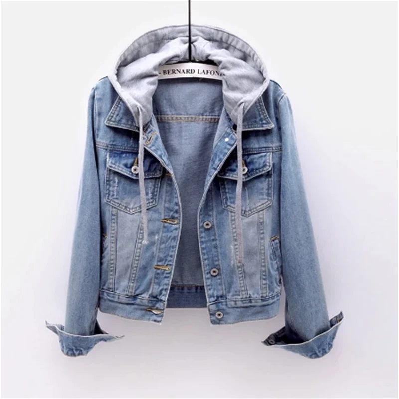 Women's hooded denim jacket with button front and chest pockets