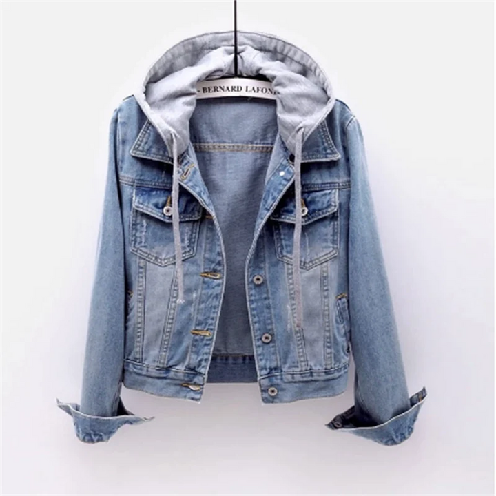 Women's hooded denim jacket with button front and chest pockets