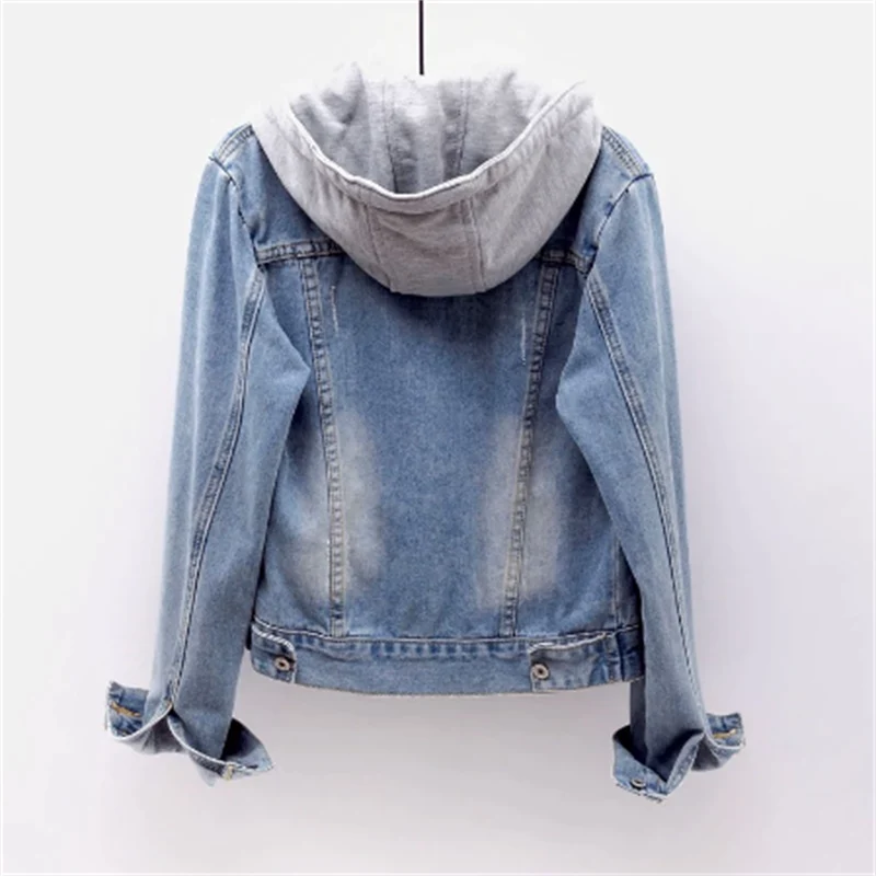 Women's hooded denim jacket with button front and chest pockets