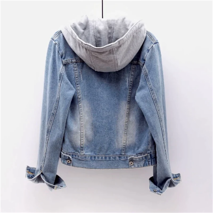Women's hooded denim jacket with button front and chest pockets