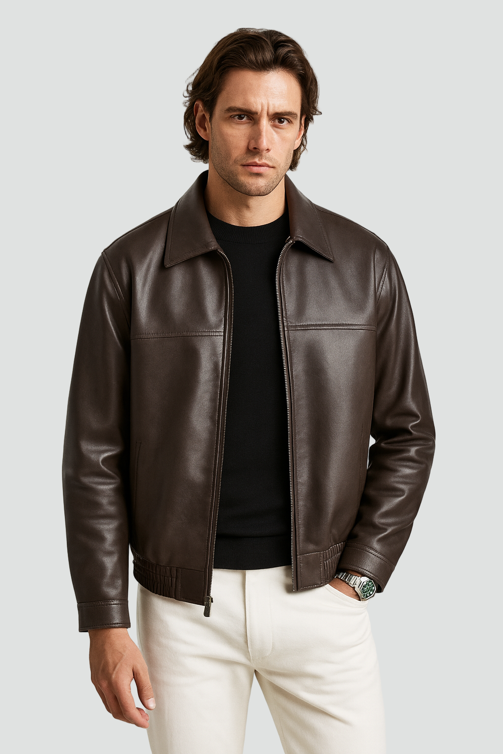 Men's oversized jacket with spread collar, front zip and panel stitching