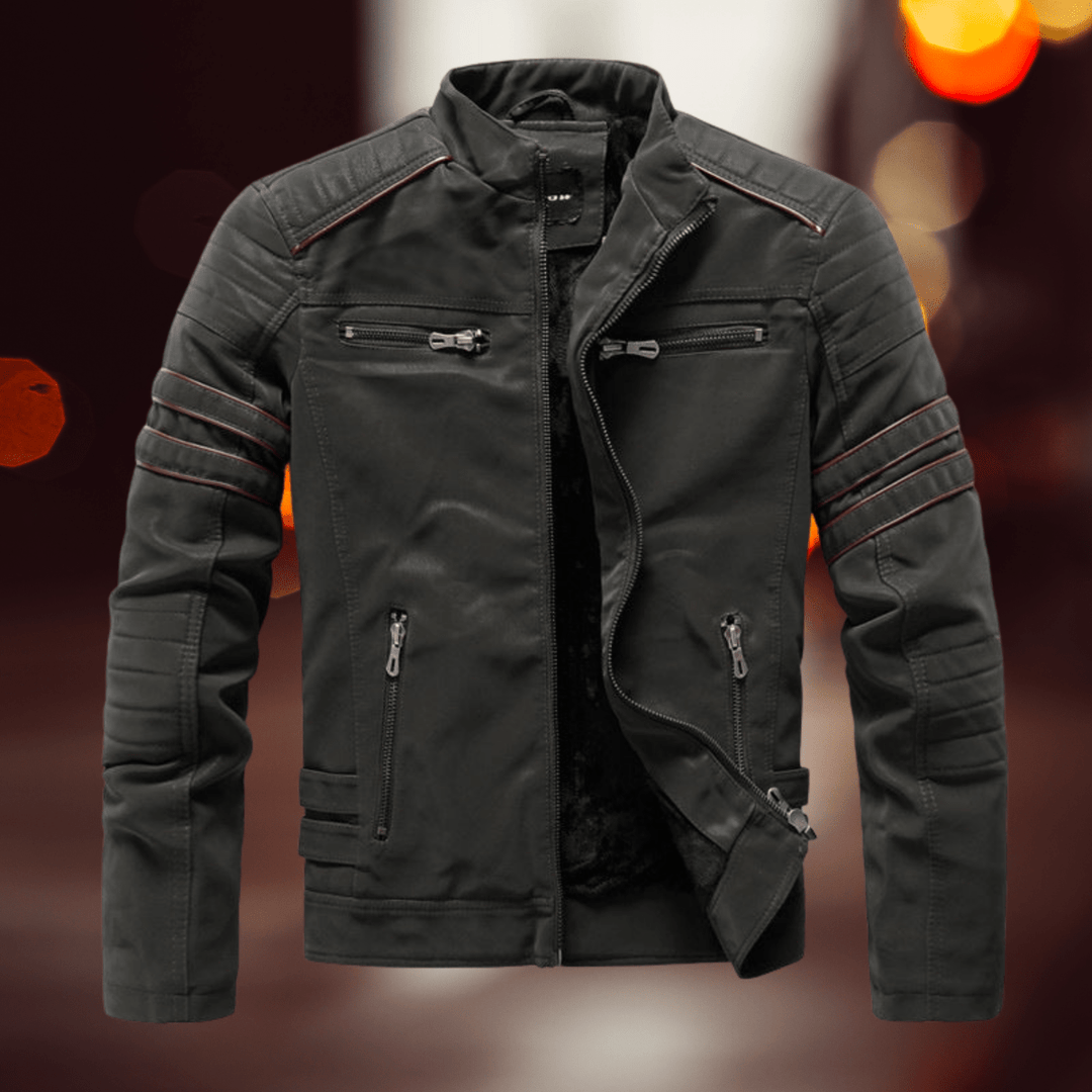 Men's biker jacket with stand collar, asymmetric zip and multiple zipped pockets