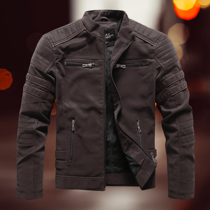 Men's biker jacket with stand collar, asymmetric zip and multiple zipped pockets
