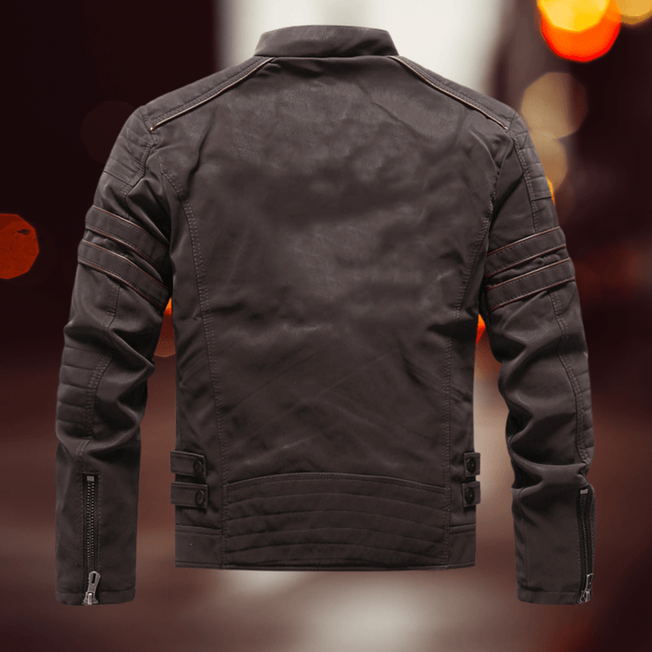 Men's biker jacket with stand collar, asymmetric zip and multiple zipped pockets