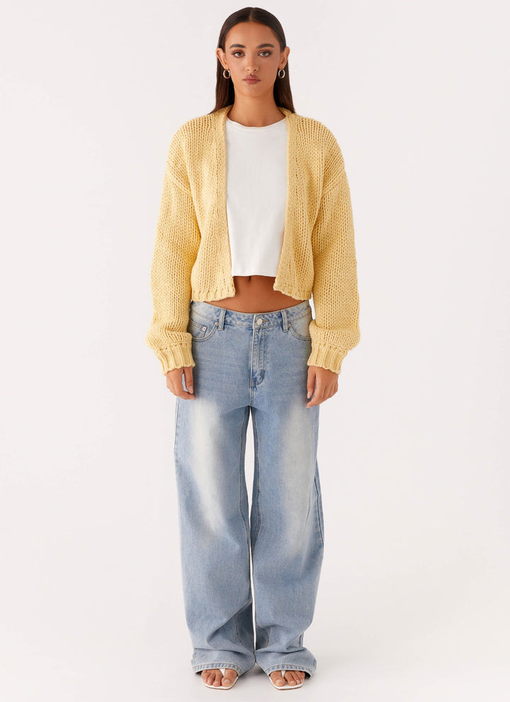 Women's yellow chunky knit cropped cardigan with long sleeves and open front