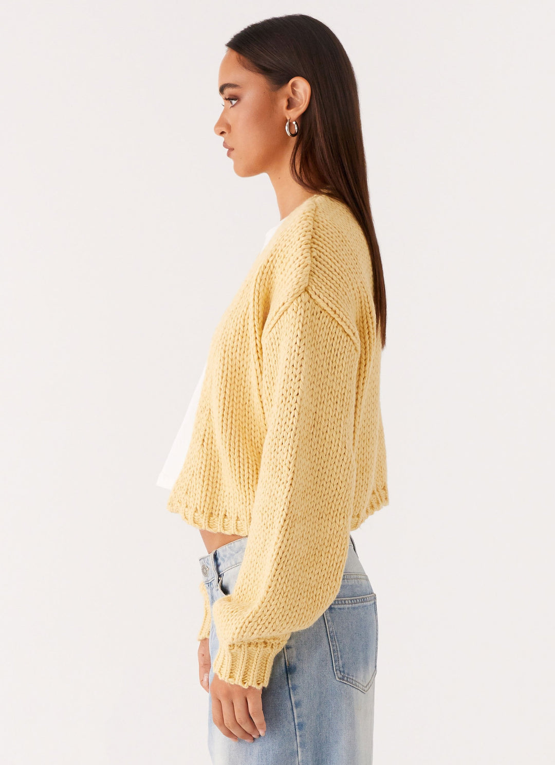 Women's yellow chunky knit cropped cardigan with long sleeves and open front