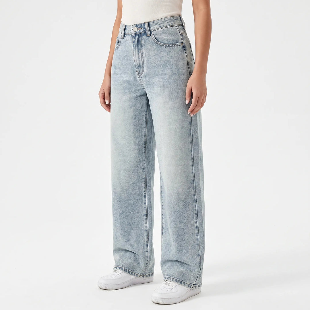 Women's high waist wide leg jeans with five-pocket design and full-length legs