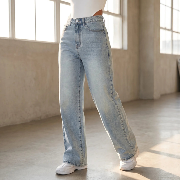 Women's high waist wide leg jeans with five-pocket design and full-length legs
