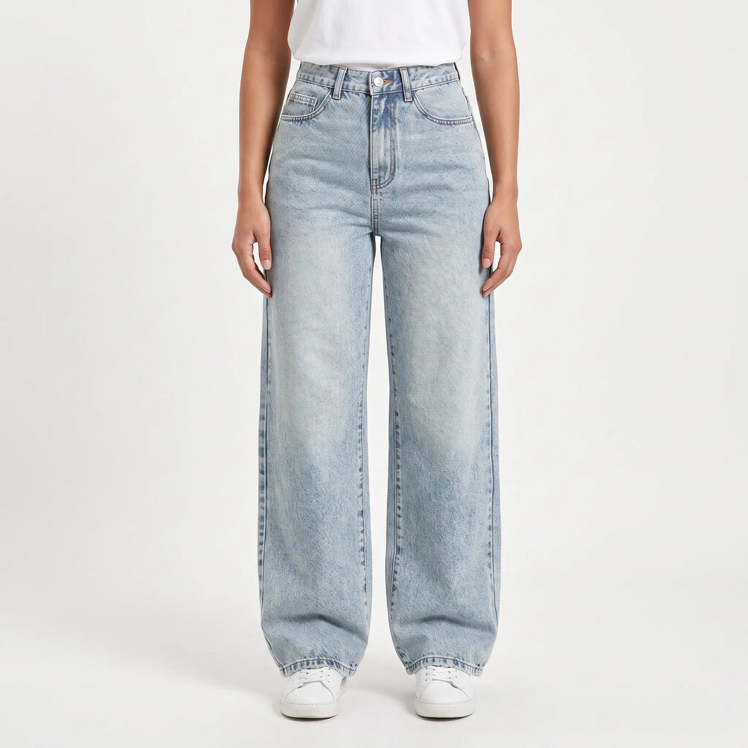 Women's high waist wide leg jeans with five-pocket design and full-length legs