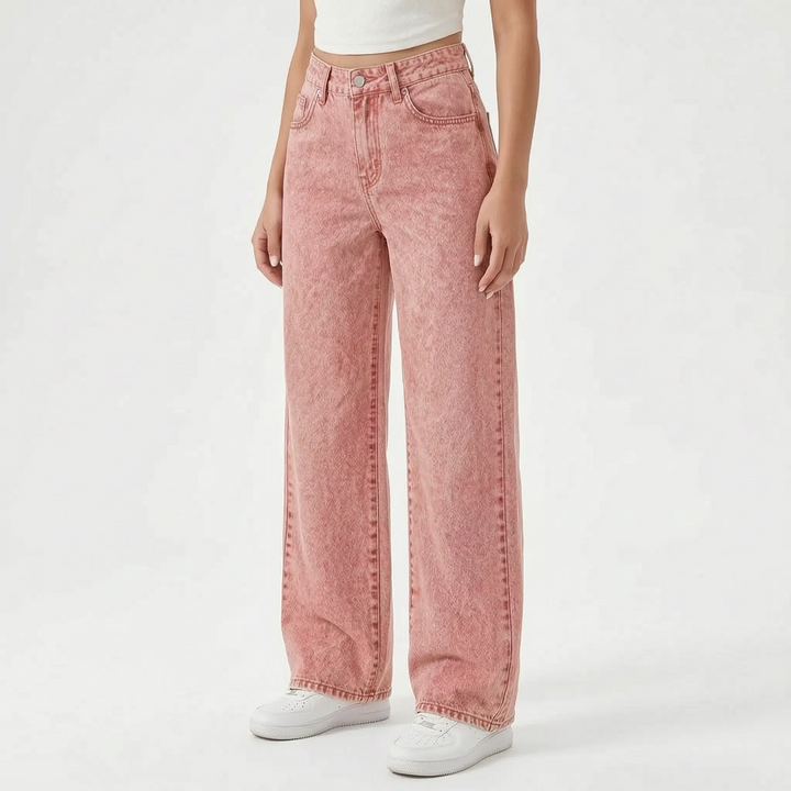 Women's high waist wide leg jeans with five-pocket design and full-length legs