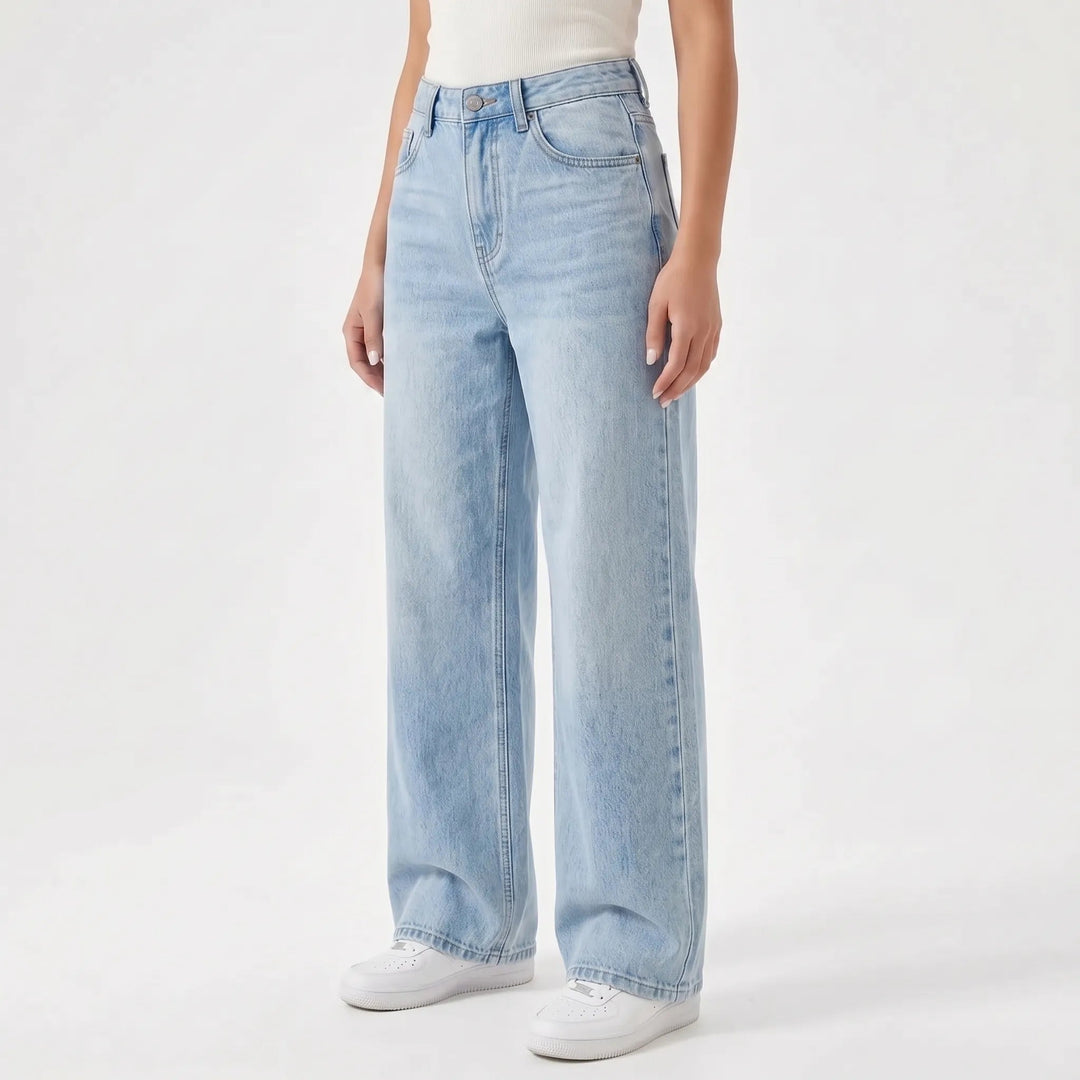 Women's high waist wide leg jeans with five-pocket design and full-length legs