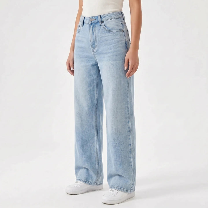 Women's high waist wide leg jeans with five-pocket design and full-length legs