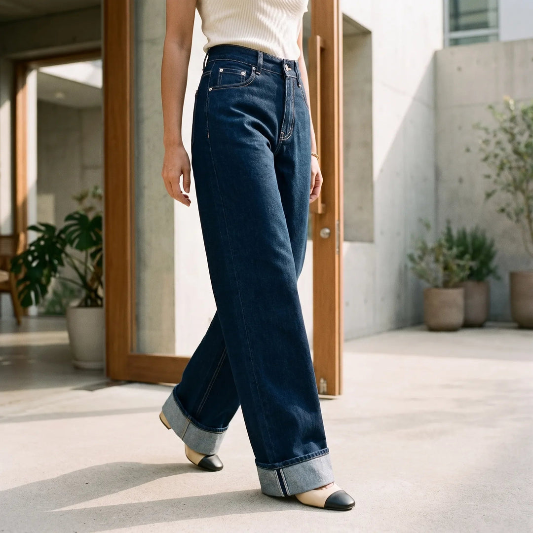 Women's dark blue high waist wide leg jeans with rolled cuffs