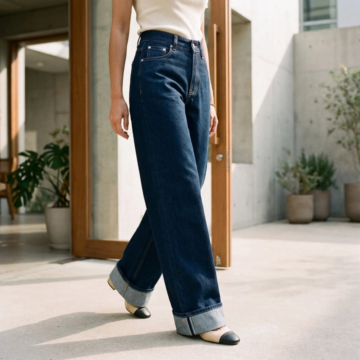 Women's dark blue high waist wide leg jeans with rolled cuffs