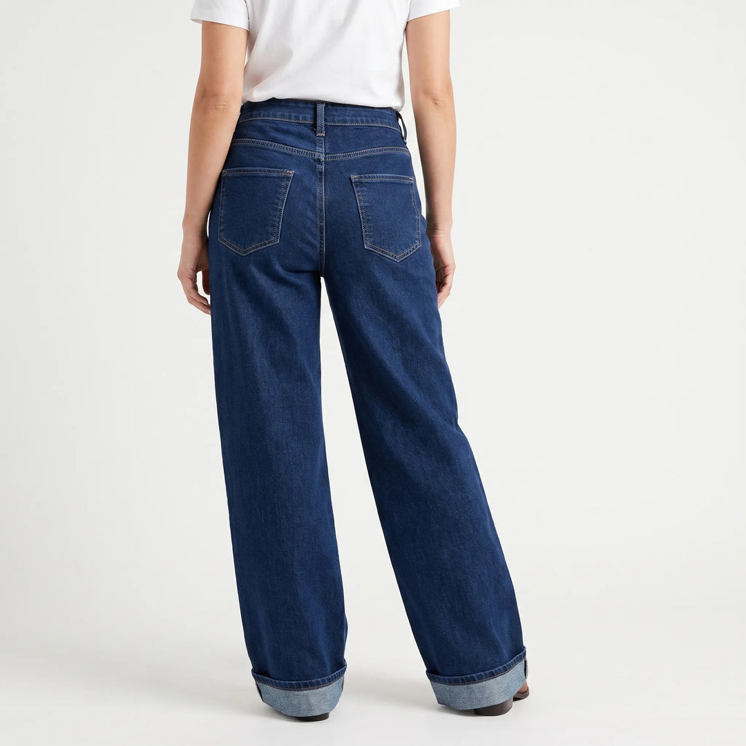 Women's dark blue high waist wide leg jeans with rolled cuffs