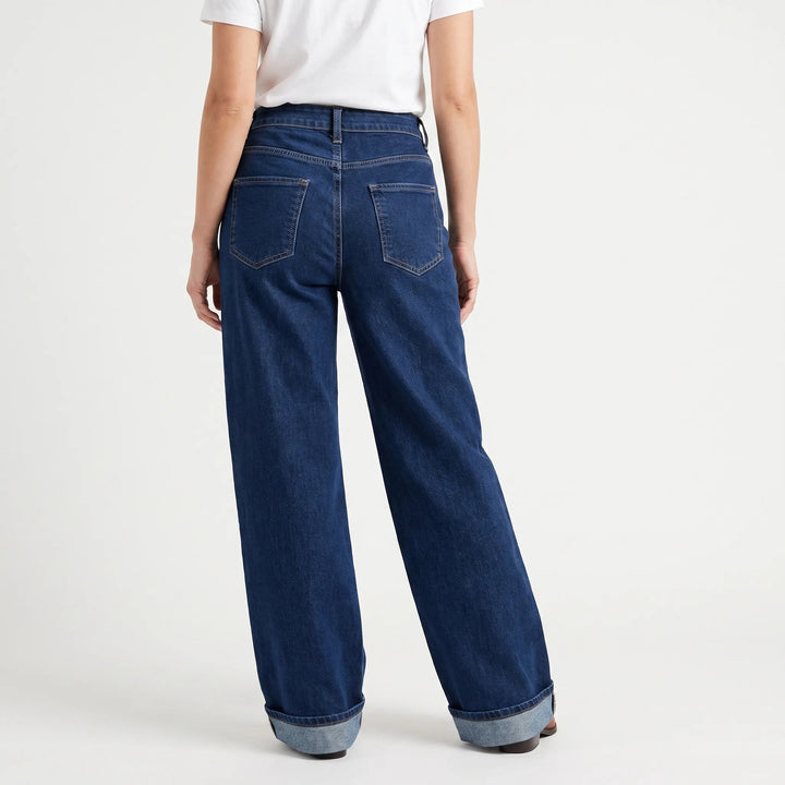 Women's dark blue high waist wide leg jeans with rolled cuffs